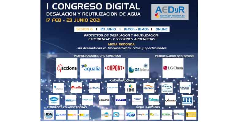 Cartel de la sesión sexta del congreso digital de AEDyR, dedicada a las desaladoras