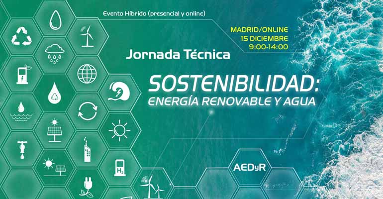 Cartel de la jornada de AEDyR sobre sostenibilidad en deslación y reutilización de agua
