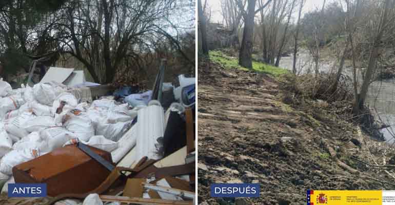 Antes y después de la limpieza y retirada de residuos en el río Guadarrama por parte de la Confederación Hidrográfica del Tajo